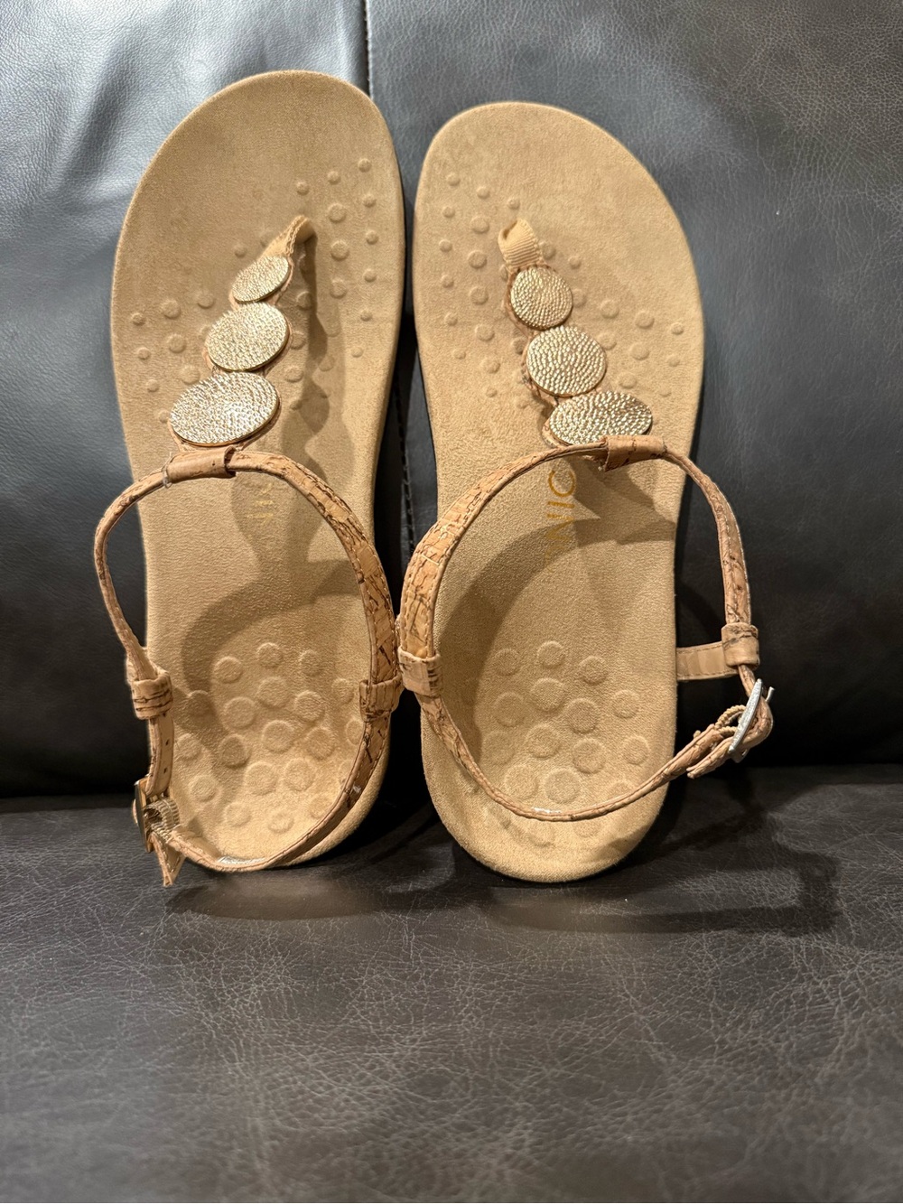 Vionic Gold and Cork Lizbeth T-Strap Sandals